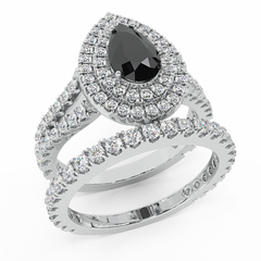 Pear Cut Black Diamond Double Halo Wedding Ring Set White Gold