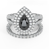 3.40 Ct Pear Cut Black Diamond Double Halo Wedding Ring Set 14K Gold-I,I1 - White Gold