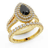 3.40 Ct Pear Cut Black Diamond Double Halo Wedding Ring Set 14K Gold-G,SI - Yellow Gold