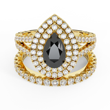 3.40 Ct Pear Cut Black Diamond Double Halo Wedding Ring Set 14K Gold-I,I1 - Yellow Gold