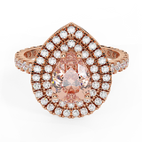 1.73 Ct Pear Cut Pink Morganite Double Halo Engagement Ring 14K Gold (I,I1) - Rose Gold