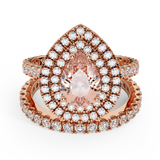Pear Cut Pink Morganite Double Halo Wedding Ring Set 14K Gold-I,I1 - Rose Gold