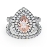 Pear Cut Pink Morganite Double Halo Wedding Ring Set 14K Gold-I,I1 - White Gold