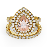 Pear Cut Pink Morganite Double Halo Wedding Ring Set 14K Gold-I,I1 - Yellow Gold