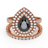 2.10 Ct Pear Cut Black Diamond Double Halo Wedding Ring Set 14K Gold-G,SI - Yellow Gold