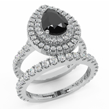 2.10 Ct Pear Cut Black Diamond Double Halo Wedding Ring Set 14K Gold-I,I1 - White Gold