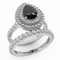 2.10 Ct Pear Cut Black Diamond Double Halo Wedding Ring Set White Gold