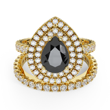 2.10 Ct Pear Cut Black Diamond Double Halo Wedding Ring Set 18K Gold-G,VS - Yellow Gold