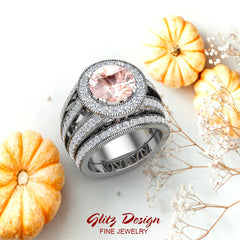 Morganite diamond wedding rings halo accented 14K 4.96 ctw I1