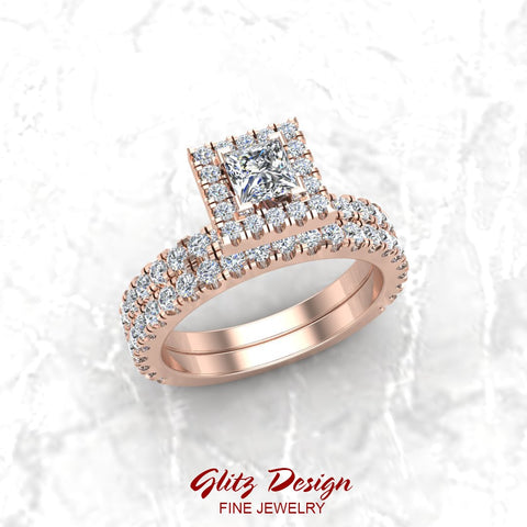 Princess Cut Wedding Ring Set Halo Style 14K Gold 1.55 ct-I,I1