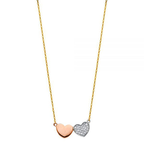 Heart to Heart Two-tone 14K White & Rose Gold Cz studded Necklace 18” - Rose Gold