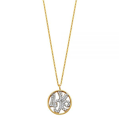Love word Circle pendant cz 14K White & Yellow Gold Necklace 18” - Yellow Gold