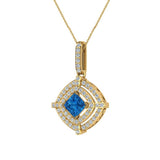December Birthstone Topaz 14K Gold Necklace Double Halo Cushion with Chain 1.70 ct - Yellow Gold
