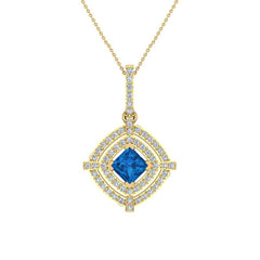 December Birthstone Topaz Necklace Double Halo Cushion with Chain Yellow Gold