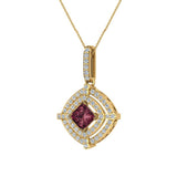 January Birthstone Garnet 14K Gold Necklace Double Halo Cushion with Chain 1.70 ct - Yellow Gold