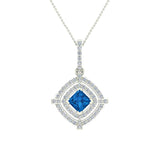 December Birthstone Topaz 14K Gold Necklace Double Halo Cushion with Chain 1.70 ct - White Gold