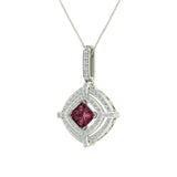 January Birthstone Garnet 14K Gold Necklace Double Halo Cushion with Chain 1.70 ct - White Gold