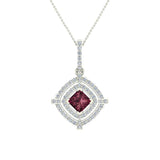 January Birthstone Garnet 14K Gold Necklace Double Halo Cushion with Chain 1.70 ct - White Gold