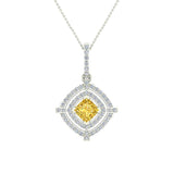 November Birthstone Citrine 14K Gold Necklace Double Halo Cushion-1.70 ct - White Gold