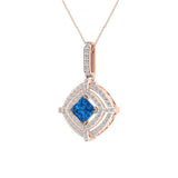 December Birthstone Topaz 14K Gold Necklace Double Halo Cushion with Chain 1.70 ct - White Gold