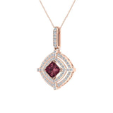January Birthstone Garnet 14K Gold Necklace Double Halo Cushion with Chain 1.70 ct - Rose Gold