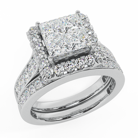 Princess Cut Wedding Rings Set for Women 14K Gold Quad Illusion 1.80 ct tw (G, SI) - White Gold