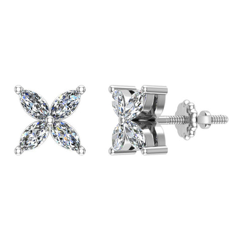 Marquise Cut CZ Four Quad Silver Stud Earring 14k Gold Finish