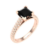 Black Princess Cut Rope Setting Solitaire Engagement Ring 14K Gold Glitz Design - Rose Gold