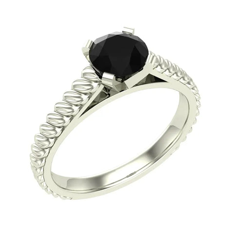 Black Round Cut Rope Setting Solitaire Engagement Ring 14K Gold - White Gold