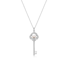 Diamonique Cultured Pearl Key Pendant w/ Chain, Platinum Clad