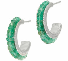 Real Emerald Gemstone Bead 14K Sterling Silver Hoop Huggies Earrings QVC