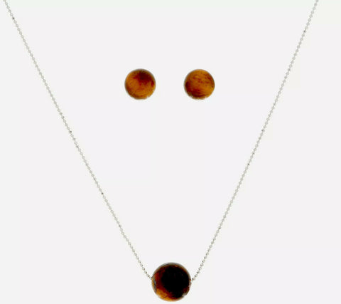 Tiger Eye Gemstone Bead Necklace and Earring Boxed Set, Sterling