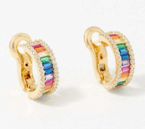 4/10Ct Diamonique Rainbow Baguette 18K Gold Over Sterling Hoops earrings QVC