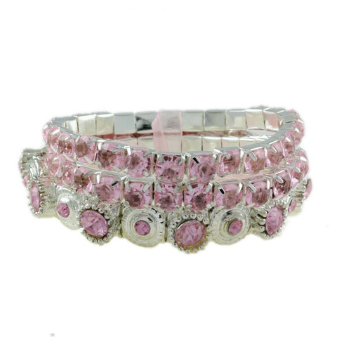 QVC Silvertone Victorian design Set of Pink Crystal Stretch Bracelets