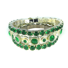 QVC Silvertone Victorian design Set of Green Crystal Stretch Bracelets