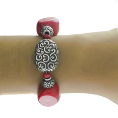 QVC Oval Shape Red Coral & Silver Beads 7" Bracelet