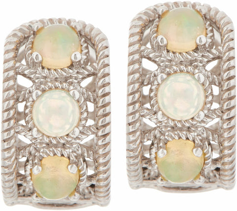 October Birth Gemstone Detailed Sterling Silver Opal Huggie Hoops Earrings