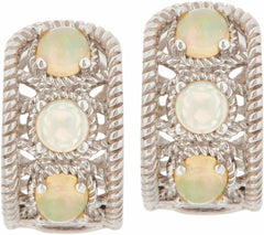 October Birth Gemstone Detailed Sterling Silver Opal Huggie Hoops Earrings