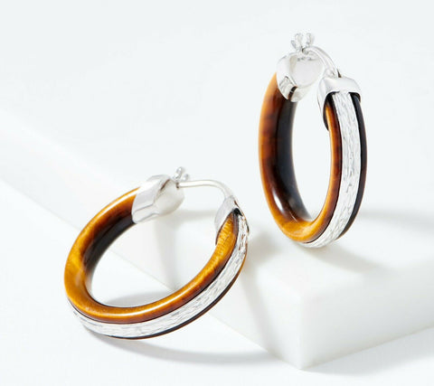 14K Gold Over Opaque Gemstone Hoop Huggies Gift Earring Sterling Silver QVC