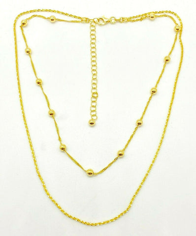 14K Yellow Gold On Sterling Double Strand Choker 13" Necklace Style - Yellow Gold