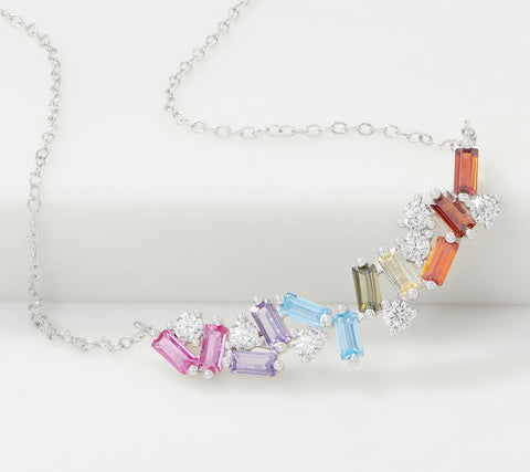 Diamonique Gemstone Rainbow Pride LGBT Scattered Baguette Sterling 18" Necklace
