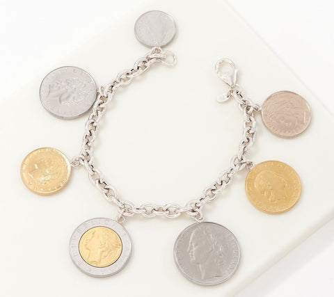 Made In Italy Silver Lire Coin Charm 48Gm Bracelet 7-1/4” Sterling 925 QVC