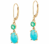 14K Solid Gold Sleeping Beauty 0.25 cttw Turquoise & Emerald Drop Earrings QVC