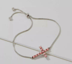 Pink Opal Gemstone Cabochon Cross Adjustable Bracelet 14K Sterling QVC