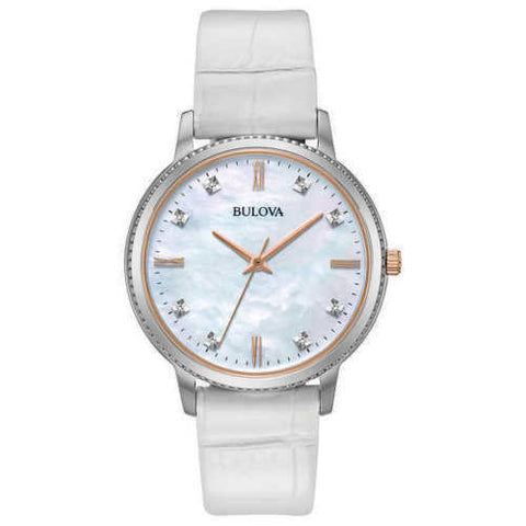 NWT Bulova 98P171 Diamond Accented MOP Dial White Leather Strap Women's Watch
