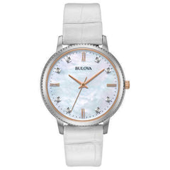NWT Bulova 98P171 Diamond Accented MOP Dial White Leather Strap Women's Watch