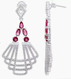 Fan Style Art Daco Fashion Vintage Ruby Dangle Earrings In 14K On Sterling