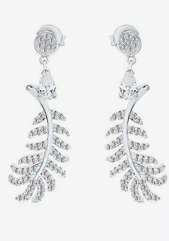 3.00 Ct Diamond Stimulant Feather Dangle Stud Earrings 14K Gold On Sterling