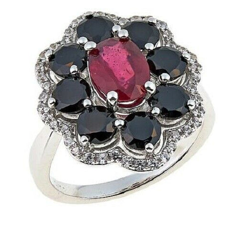 Colleen Lopez Ruby, Black Spinel and White Zircon Sterling Silver Ring SZ-9 HSN