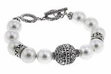 Sterling Silver Antique Bali Designs Shell Pearl Beads Toggle Bracelet